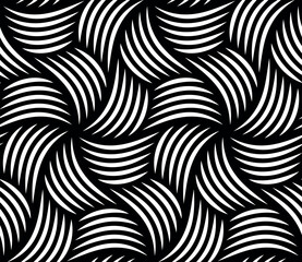 Seamless abstract geometric pattern with a modular design of twisted striped hexagons on a black background. Vortexes and whirls of thin white lines. Contemporary retro style. Vector illustration.