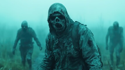 A group of eerie, skeleton-like figures in tattered clothing advances through a dense mist, evoking a sense of mystery and foreboding as they approach.