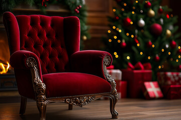Obraz premium Christmas interior room, Christmas tree, red chair with gifts
