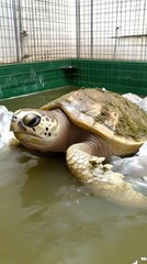A turtle resting on a surface in a green-tinted water tank.
