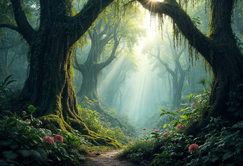 Sunlight streams through a lush green jungle path.