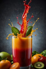 Vibrant colourful wallpaper of raw freshly squeezed fruit vegetable juice smoothie with splashes. Treatment and nutrition. Vegan healthcare lifestyle, healing. Alternative medicine. Bright poster. 