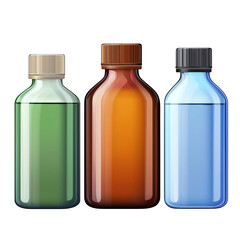Three colorful glass bottles with screw caps in green, amber, and blue, isolated on transparency background