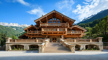 Naklejka premium Traditional Alpine Stone Chalet with Evergreen Forest Views, Luxury Gstaad Mountain Estate with Timber Details