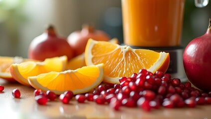 A vibrant mix of juicy orange slices and pomegranate seeds, promising a burst of refreshing flavor!  Perfect for a healthy start.