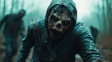 A menacing hooded zombie moves closer in a foggy, eerie forest, showcasing horror elements and creating a sense of dread and suspense in the scene.