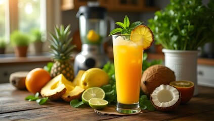 Refreshing Tropical Delight!  A vibrant blend of pineapple, coconut, and citrus, perfectly chilled and garnished with mint.  Enjoy summer in a glass!