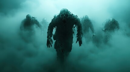A horde of zombies advances through thick, unsettling fog, creating an atmosphere of terror and suspense as they move ominously toward the viewer.