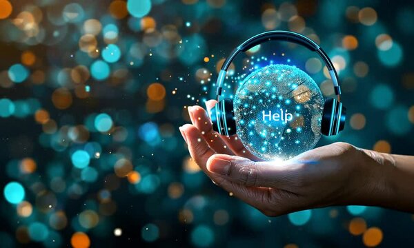 Global help support concept.  Headphones and glowing earth in hand.