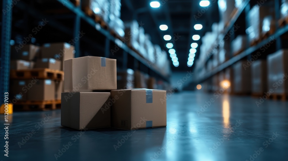 Poster a vast warehouse with towering stacks of cardboard boxes, showcasing the scale and efficiency of mod