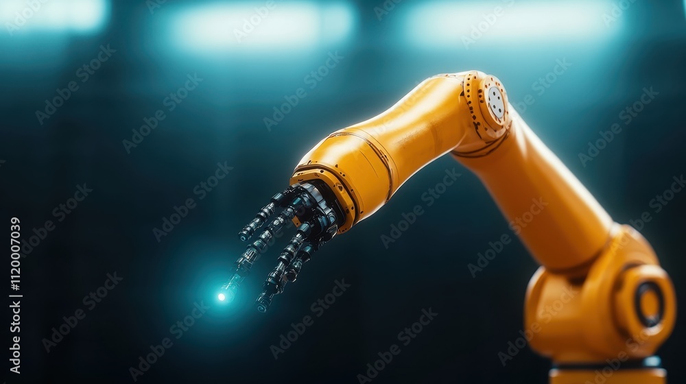 Poster a detailed image of an advanced robotic arm with a glowing tip, showcasing technological innovation 