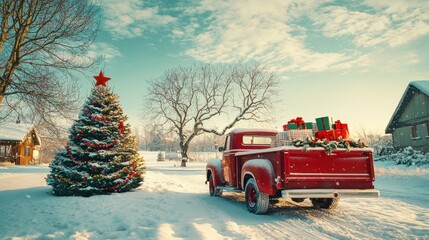 Vintage Red Truck Carrying Christmas Tree and Gifts in Snowy Winter Landscape With Festive Holiday Spirit