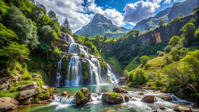 Breathtaking mountain waterfall cascades down rocky cliffs into a pool below