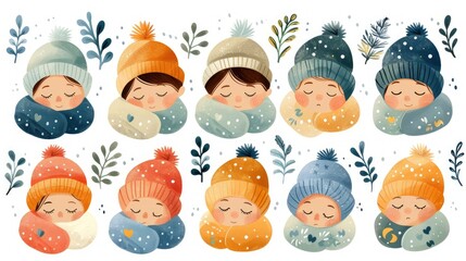 Twelve adorable children's illustrations wearing winter hats and scarves, perfect for seasonal designs.