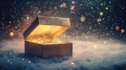 Open lid christmas gift box with magical light streaming from it on white snow background