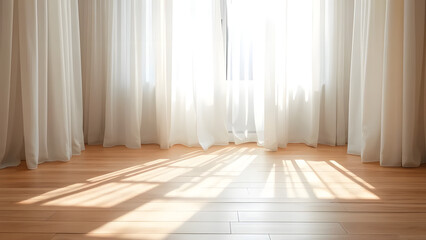  Sunlight filtering through translucent curtains onto a clean wooden floor, creating soft natural patterns 