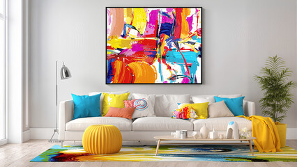 A colorful painting is hanging on the wall in a living room . Generative AI