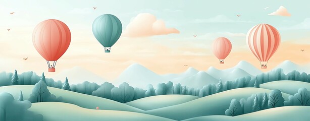 Colorful hot air balloons over scenic hills ,Pastel hot air balloons floating, dreamy pastel hot air balloons, scenic pastel hot air balloons in the sky ,Whimsical floating balloons