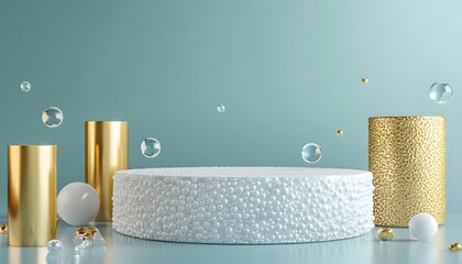 Elegant White Gold Product Display Platform with Bubbles