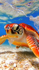 Fototapeta premium A vibrant sea turtle swimming gracefully underwater in a clear blue ocean.