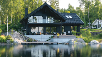 Fototapeta premium Minimalist Nordic Lakehouse with Forest Views and Stone Walls, Modern Helsinki Contemporary Estate
