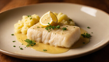 Lutfisk in realistic style in beige and yellow, garnished with lemon and herbs for a traditional Nordic meal