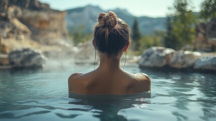 Fototapeta premium A person enjoys a soak in a natural hot spring, surrounded by rocky formations and lush greenery. The serene atmosphere evokes relaxation on a peaceful afternoon.