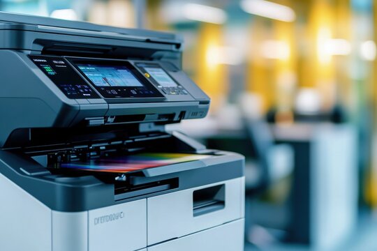 Modern office printer in action, producing colorful documents in a bright, contemporary workspace environment. - Powered by Adobe