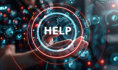 Hand interacting with a futuristic help interface.