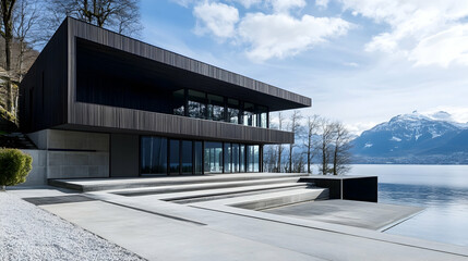 Fototapeta premium Minimalist Nordic Lakehouse with Forest Views and Stone Walls, Modern Helsinki Contemporary Estate