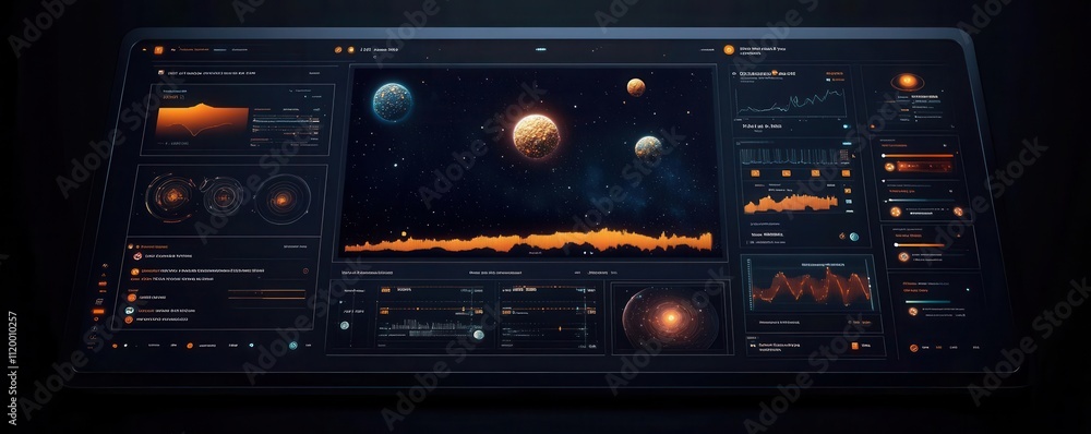 Poster a futuristic digital interface displaying sound visualization, planet graphics, and various audio co