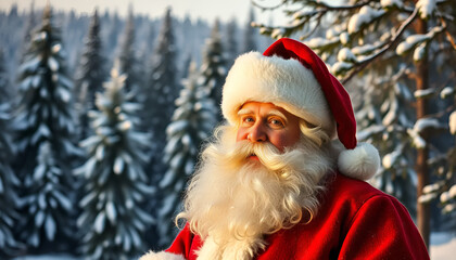 Santa Claus with a warm smile surrounded by a snowy forest, radiating holiday cheer