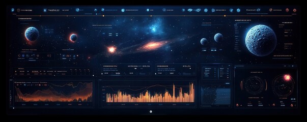 A futuristic digital interface displays planets, cosmic data, and visual analytics related to space exploration and astronomy.