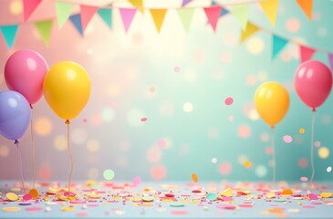  Festive background with markings for text - balloons, confetti, flags and garlands 