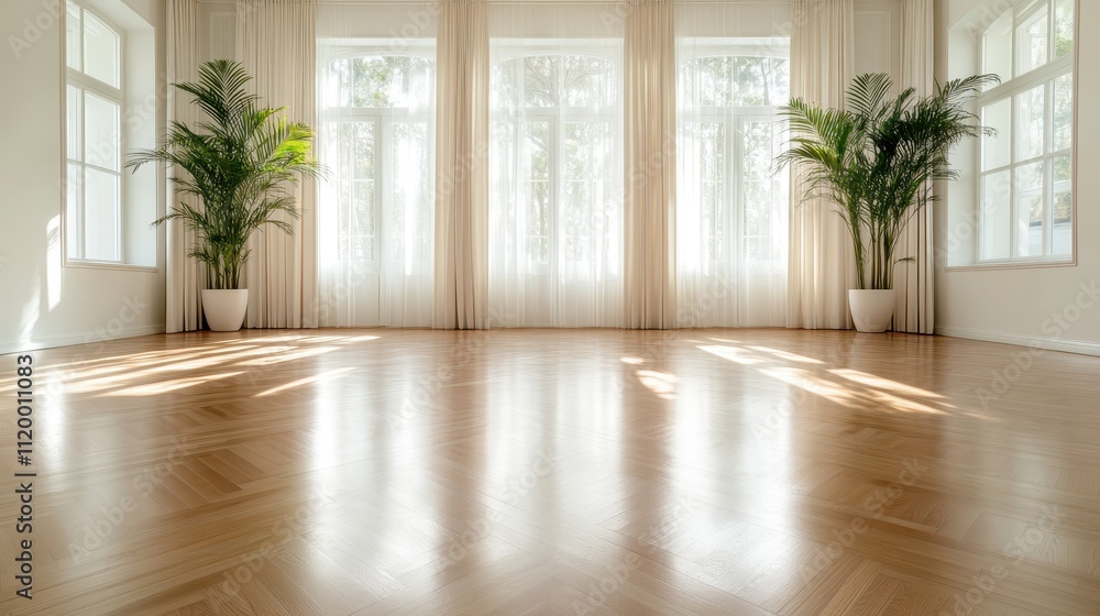 Poster a large, empty room adorned with tall plants near the windows, allowing natural light to flow throug