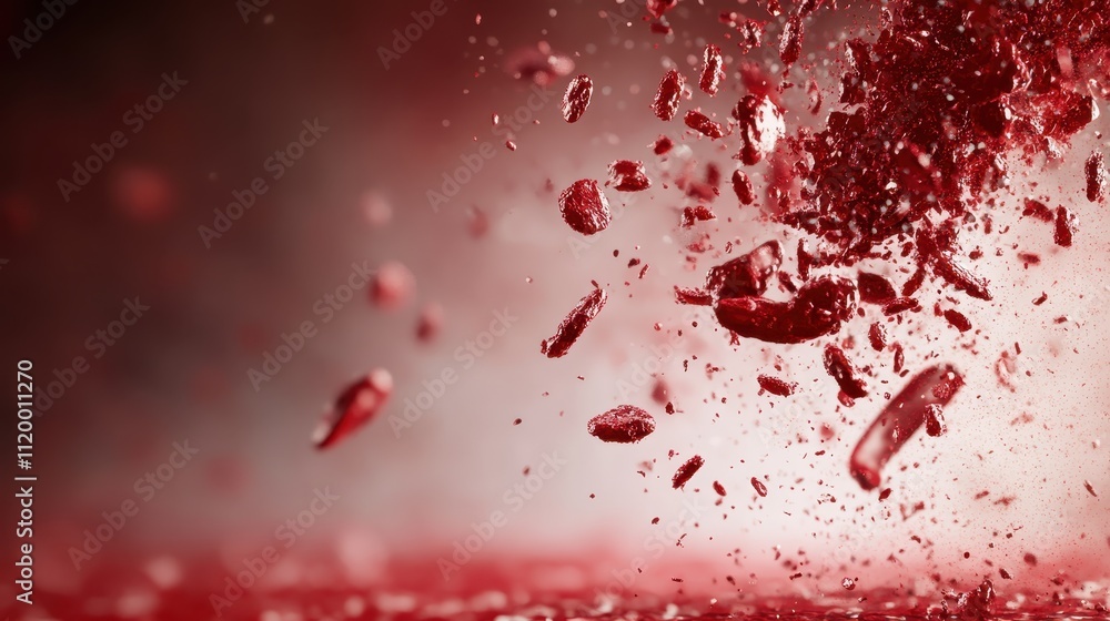 Poster exploding red particles fill the image with dynamic energy and striking vibrancy, capturing the esse