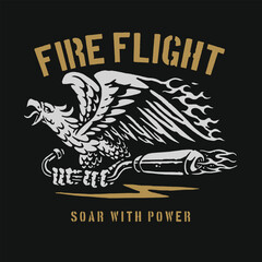Vintage-inspired logo featuring a bold eagle with flaming wings and a motorcycle exhaust motif, perfect for branding motorcycle clubs and custom merchandise.