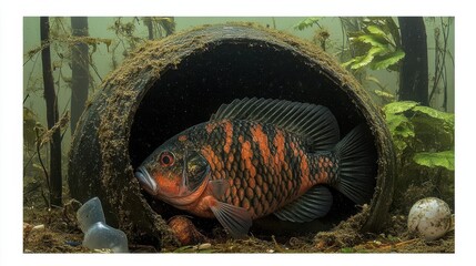 An underwater scene featuring a fish inside a submerged pot among aquatic plants.