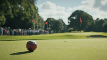 A golf ball on the green ready to roll into the hole with a sunny sky and crowd in the background watching the game.