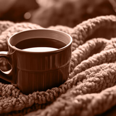 Mocha Mousse background Color of 2025 year. A Dark Mug with Tea or Coffee stands on a warm Blanket. A Hot Drink on a Cold Day. The Concept is a Lifestyle.