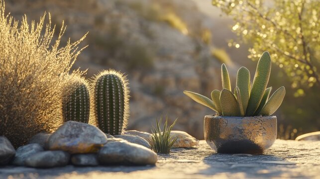 Desert Cacti and Green Plants on Pebbles in Soft Light