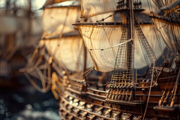 Intricate Wooden Ship Model Sailboat Closeup Maritime History Craftsmanship