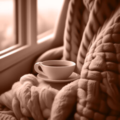 Mocha Mousse background Color of 2025 year. A white cup with hot tea on a saucer stands by the window on a warm plaid. The concept is a lifestyle.