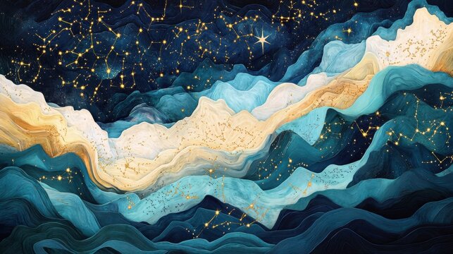 Rappresentazione astratta di onde e costellazioni in un paesaggio cosmico.