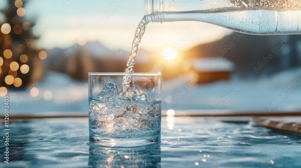 Poster a clear glass is filled with water from a pitcher against a frosty winter backdrop with sunlight, cr