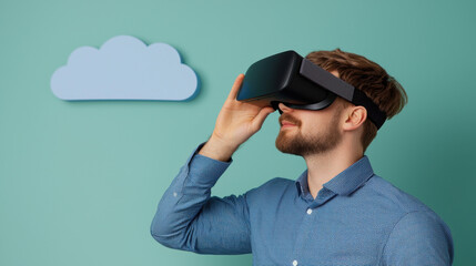 Networking Cloud Computing, A man in a blue checkered shirt uses a VR headset against a mint green wall, with a cloud decoration above him, exploring virtual reality.