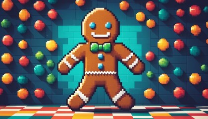 a gingerbread man decorated for the holidays with 8-bit retro gaming graphics