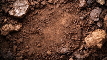 Earthy terrain showing a detailed surface of soil integrated with various rocks, emphasizing fractal patterns and the rugged beauty of natural geology.
