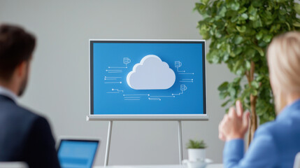Networking Cloud Computing, A professional setting showing two individuals attentively viewing a screen displaying a cloud computing concept with a blue background.