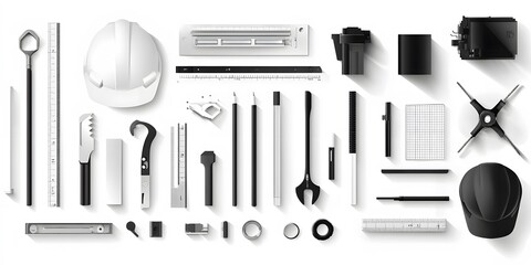 Fototapeta premium Theme: Architecture and Construction, Icon Set, Shapes, Objects, Black and White, on White Background, Abstract Image, Texture, Pattern Background, Wallpaper, Cover and Screen of Smartphone, PC, Lapto